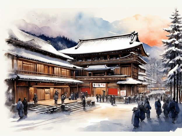 Auf dem Bild ist eine winterliche Szene zu sehen, die an die traditionelle Architektur Japans erinnert. Man sieht große Holzgebäude mit schneebedeckten Dächern und Menschen, die in warmen Kleidern umhergehen. Diese Art von Atmosphäre könnte eine Verbindung zum Après-Ski herstellen, insbesondere in einem Japan, wo man nach einem Tag auf der Piste in einem Onsen entspannen könnte.Die Unterhaltung in Japan könnte in solch einer Umgebung auch durch festliche Aktivitäten oder lokale Feste geprägt sein, die die kulturelle Vielfalt und die winterliche Schönheit der Region widerspiegeln.