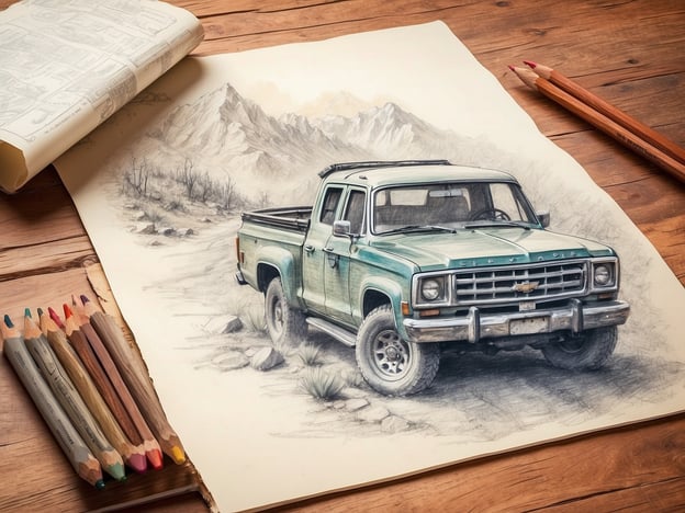 Auf dem Bild ist eine Illustration eines alten, grünen Pickups zu sehen, der in einer naturnahen Umgebung dargestellt wird. Neben dem Bild liegen farbige Bleistifte, was darauf hindeutet, dass man kreativ sein kann, indem man zeichnet oder koloriert.
Diese Szene könnte zu verschiedenen Freizeitaktivitäten anregen, wie zum Beispiel:
1. **Zeichnen und Malen** - Man könnte sich draußen in der Natur inspirieren lassen und selbst mit Stift und Papier kreativ werden.
2. **Fahrten ins Grüne** - Mit einem Pickup könnte man Ausflüge in die Berge oder die Natur unternehmen, vielleicht zum Campen oder für ein Picknick.
3. **Fotografieren** - Die Szenerie bietet tolle Motive für Fotografie-Begeisterte, besonders wenn man die Landschaft genießen möchte.
All diese Aktivitäten regen dazu an, Zeit im Freien zu verbringen und die Umgebung zu erkunden.