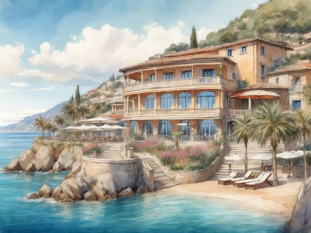 Auf dem Bild ist eine malerische Küstenlandschaft zu sehen, die ein elegantes Resort darstellt. Es zeigt ein wunderschönes Gebäude im mediterranen Stil, umgeben von Palmen und Blumen. Das Resort scheint direkt am Wasser zu liegen, mit einer kleinen Sandbucht und Liegen, die zum Entspannen einladen.
Das Tivoli Portopiccolo Sistiana Resort ist ein luxuriöses Hotel an der italienischen Adriaküste, bekannt für seinen atemberaubenden Blick auf das Meer und die umgebende Natur. Es bietet eine Kombination aus modernem Komfort und traditionellem italienischem Charme. Die Gäste können verschiedene Annehmlichkeiten genießen, darunter exquisite Restaurants, Wellnessangebote und Zugang zu Aktivitäten wie Wassersport und Wanderungen in der reizvollen Umgebung. Der Fokus liegt auf Entspannung und Erholung in einer traumhaften Kulisse.