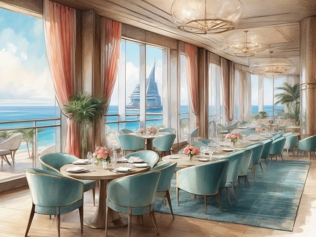 Auf dem Bild ist ein elegantes Restaurant mit Blick auf das Meer zu sehen. Die Einrichtung wirkt modern und stilvoll, mit hellen Farben wie Türkis und sanften Rosa-Tönen. Große Fenster lassen viel Tageslicht herein und bieten einen schönen Ausblick auf das Wasser und möglicherweise ein Schiff im Hintergrund. Es gibt runde Tische, die für ein angenehmes Speiseerlebnis gedeckt sind, und eine angenehme Atmosphäre, die ideal für entspanntes Essen ist.Das Hotel Bella Paguera ist bekannt für seine erstklassige Lage und die luxuriösen Annehmlichkeiten. Gäste können eine Vielzahl von Dienstleistungen genießen, darunter exquisite Gastronomie, Wellness-Bereiche und Zugang zu schönen Stränden. Die Kombination aus Modernität und Komfort macht es zu einem beliebten Ziel für Reisende, die Ruhe und Entspannung suchen.