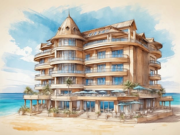 Auf dem Bild ist eine skizzenhafte Darstellung eines eleganten Hotels zu sehen, das an einem Strand steht. Das Gebäude hat mehrere Etagen, große Fenster und Terrasse mit Blick auf das Meer. Die Architektur wirkt modern und einladend, mit runden Balkonen und einem markanten Dach. Palmen und Terrassenmöbel deuten darauf hin, dass der Ort ein entspannendes Ambiente an der Küste bietet.Das allsun Hotel Borneo könnte ein schönes Feriendomizil sein, ideal für Urlauber, die Sonne, Meer und eine angenehme Unterkunft suchen.