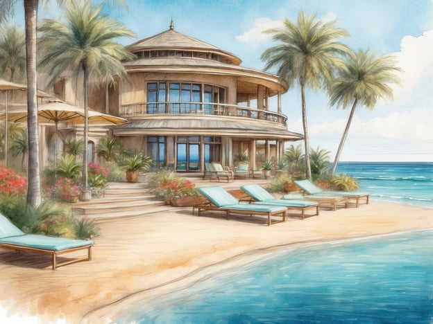 Auf dem Bild ist eine malerische Strandvilla zu sehen, umgeben von tropischen Pflanzen und Palmen. Die Architektur ist großzügig gestaltet, mit großen Fenstern, die einen Blick auf das Meer bieten. Auf der Veranda stehen Liegen bereit, um die Sonne zu genießen.Das Allsun Hotel Cormoran bietet ähnliche Annehmlichkeiten mit einem Fokus auf Komfort und eine entspannende Atmosphäre. Es liegt oft an idyllischen Stränden, umgeben von üppiger Natur und bietet Gästen die Möglichkeit, sich in einem luxuriösen Umfeld zu erholen. Annehmlichkeiten wie Pools, Restaurants und Wellnessbereiche sorgen für einen unvergesslichen Aufenthalt.