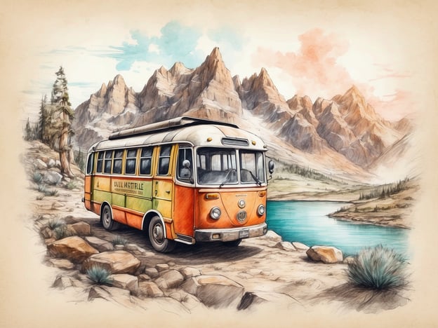 Auf dem Bild ist ein schöner, orangefarbener Bus zu sehen, der in einer malerischen, bergigen Landschaft parkt. In der Nähe fließt ein ruhiger See, umgeben von hohen Bergen und Bäumen. Diese Szenerie bietet zahlreiche Freizeitangebote und Aktivitäten wie:1. **Camping**: Perfekt für ein Wochenende in der Natur.2. **Wandern**: Die Berge laden zu ausgedehnten Wanderungen ein.3. **Fotografie**: Die Landschaft bietet viele perfekte Motive.4. **Angeln**: Der See ist ideal für Angelausflüge.5. **Picknick**: Eine entspannte Mahlzeit im Freien mitten in der Natur.Diese Umgebung ist ideal für Naturliebhaber und Abenteuersuchende!