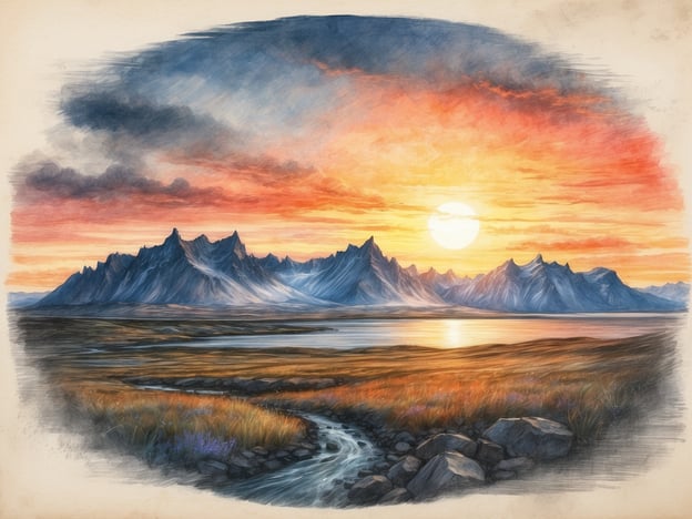 Eine idyllische Landschaft zeigt eine majestätische Gebirgskette unter einem farbenfrohen Sonnenuntergang. Die Berge sind schroff und erhaben, während die untergehende Sonne einen warmen Glanz über die Szene legt. Im Vordergrund schlängelt sich ein kleiner Bach durch das grüne, mit Wildblumen gespickte Tal. Die Wolken am Himmel sind in sanften, rötlichen und orangefarbenen Tönen gefärbt, was auf den Beginn der Dämmerung hinweist. In Island bleibt es im Sommer für viele Stunden hell, und dies wird in dieser Darstellung der natürlichen Schönheit deutlich, die den langen Tag und die zauberhafte Atmosphäre der isländischen Landschaft einfängt.