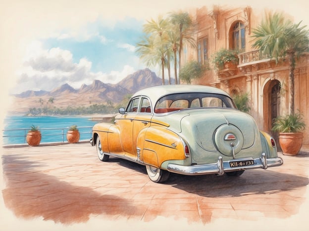 Auf dem Bild ist ein klassischer, farbenfroher Oldtimer zu sehen, der in einer malerischen Küstenlandschaft parkt. Im Hintergrund sind grüne Palmen und beeindruckende Berge zu erkennen, während das Wasser sanft glitzert. Die Architektur im Hintergrund vermittelt einen Hauch von Eleganz und Nostalgie.Gästebewertungen könnten darauf hinweisen, dass dieser Ort ein beliebtes Fotomotiv ist, perfekt für romantische Ausflüge oder nostalgische Erlebnisse. Einige Besucher berichten von der erholsamen Atmosphäre und der Schönheit der Landschaft, die das Gefühl vermittelt, in eine andere Zeit versetzt zu werden. Oft wird auch die Liebe zum Detail in der Umgebung gelobt, die die perfekte Kulisse für Erinnerungsfotos bietet.