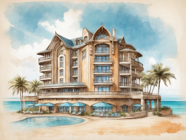 Auf dem Bild ist eine stilisierte Darstellung eines Hotels zu sehen, das an einem Strand gelegen ist. Es hat mehrere Etagen, große Fenster und einen Poolbereich. Rund um das Gebäude sind Palmen und Liegen angeordnet, was auf eine entspannte Urlaubsatmosphäre hinweist.Das **allsun Hotel Eden Alcudia** ist ein modernes Hotel an der Nordküste Mallorcas, bekannt für seinen direkten Zugang zum Strand von Alcudia. Es bietet komfortable Zimmer, mehrere Pools, ein Restaurant mit mediterraner Küche und verschiedene Freizeitaktivitäten. Das Hotel ist ideal für Familien und Paaren, die einen erholsamen Aufenthalt in einer malerischen Umgebung suchen. Die Nähe zu lokalen Sehenswürdigkeiten und Freizeitmöglichkeiten macht es zu einem beliebten Ziel für Urlauber.