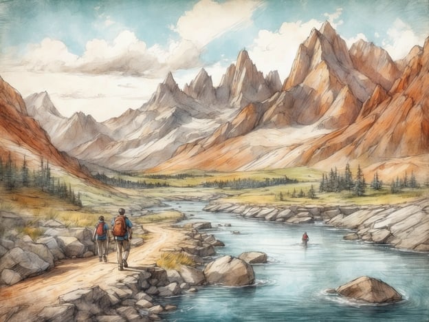 Auf dem Bild sind zwei Wanderer zu sehen, die einen malerischen Weg entlang eines Flusses in einer bergigen Landschaft erkunden. Die Umgebung bietet die Möglichkeit für verschiedene Freizeitaktivitäten, wie beispielsweise:1. **Wandern**: Die Wanderer auf dem Pfad genießen die Natur und die frische Luft.2. **Angeln**: Eine Person steht im Wasser und scheint zu angeln, was eine entspannende Aktivität darstellt.3. **Naturbeobachtung**: Die schönen Berge und die Flora laden zum Beobachten der Umgebung ein.4. **Fotografieren**: Die beeindruckende Landschaft bietet hervorragende Motive für Fotografen.5. **Picknicken**: Die weiten Wiesen und der Fluss sind ideal für ein Picknick in der Natur.Diese Aktivitäten laden dazu ein, die Natur zu genießen und die Zeit im Freien zu verbringen.