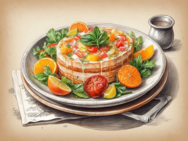 Auf dem Bild ist ein ansprechend angerichtetes Gericht zu sehen. Es handelt sich um einen Türmchen-Salat aus mehreren Schichten, wahrscheinlich bestehend aus getoastetem Brot, das mit frischem Gemüse wie Tomaten und bunten Paprika belegt ist. Die Garnitur enthält auch frische Kräuter und eine cremige Soße. Um das Gericht herum sind verschiedene Fruchtscheiben, darunter Orangen und kleine Zitrusfrüchte, sowie etwas grüne Blattsalat, die dem gesamten Teller eine lebendige und frische Note verleihen. Daneben steht ein kleines Gefäß, das vermutlich eine Sauce oder ein Dressing enthält.