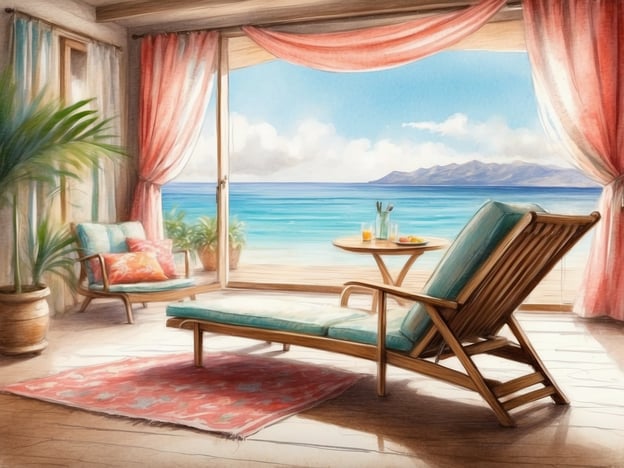 Auf dem Bild ist eine gemütliche Innenansicht eines Raumes zu sehen, der einen schönen Blick auf das Meer bietet. Die Einrichtung ist einladend, mit einem hellen Sessel, einem Liegestuhl und einem kleinen Tisch, auf dem Getränke und Snacks stehen. Große Fenster öffnen den Raum zur Außenlandschaft mit sanften Wellen und einer Bergkette im Hintergrund.Das **allsun Hotel Illot Park** ist bekannt für seine malerische Lage in der Nähe des Meeres, komfortable Unterkünfte und einen entspannenden Urlaubsort. Die Umgebung bietet zahlreiche Freizeitmöglichkeiten, einschließlich Strandaktivitäten und Erkundungstouren in der Natur. Die Atmosphäre des Hotels und der Umgebung ist ideal für Erholung und Genuss.
