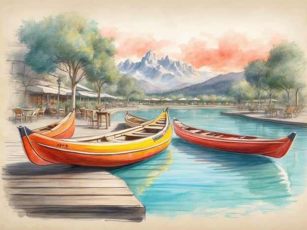 Auf dem Bild sind mehrere Kanus in einer ruhigen Wasserlandschaft zu sehen, umgeben von einer malerischen Natur mit Bergen im Hintergrund. Solch eine Umgebung bietet zahlreiche Freizeitangebote und Entspannungsmöglichkeiten.Man könnte beispielsweise eine Kanufahrt auf dem Wasser unternehmen, was nicht nur Spaß macht, sondern auch eine hervorragende Möglichkeit ist, die Natur zu genießen und aktiv zu sein. Die Uferpromenade mit Tischen und Stühlen lädt zum Entspannen ein, ideal für ein Picknick oder eine Pause bei einem heißen Getränk.Zusätzlich bieten sich Wandermöglichkeiten in der umliegenden Berglandschaft an, die wunderschöne Aussichten verspricht. Insgesamt ist es ein perfekter Ort, um die Seele baumeln zu lassen und die Freizeit sinnvoll zu verbringen.