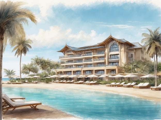 Auf dem Bild ist ein malerisches Hotel zu sehen, das an einem Strand liegt, umgeben von Palmen und einem Swimmingpool. Es zeigt die elegante Architektur des Hotels, mit großen Fenstern und einem einladenden Eingangsbereich. Die Liegen am Pool und am Strand vermitteln eine entspannende Atmosphäre, ideal für einen erholsamen Aufenthalt.Das allsun Hotel Kontiki Playa bietet eine perfekte Kombination aus Komfort und Luxus, nahe dem Meer. Die Gäste können sich auf moderne Unterkünfte und verschiedene Annehmlichkeiten freuen, darunter Restaurants, Pools und Aktivitäten für die ganze Familie. Dies macht das Hotel zu einem idealen Ziel für Urlauber, die Entspannung und gleichzeitig Unterhaltung suchen.