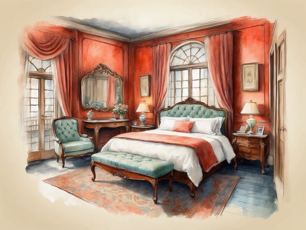 Auf dem Bild ist ein stilvoll eingerichtetes Schlafzimmer zu sehen. Die Wände sind in einem warmen Rotton gestrichen, und das Zimmer ist mit eleganten Vorhängen und einem großen Fenster ausgestattet. In der Mitte steht ein gemütliches Bett mit weißen und roten Bettbezügen.Es gibt einen kleinen Hocker am Fußende des Bettes sowie zwei grüne Sessel, die eine einladende Sitzecke bilden. Ein dekorativer Tisch ist ebenfalls vorhanden, auf dem eine Lampe und eine Vase mit Blumen stehen. Das Zimmer strahlt eine gemütliche und klassische Atmosphäre aus und könnte in einer hochwertigen Unterkunft zu finden sein.