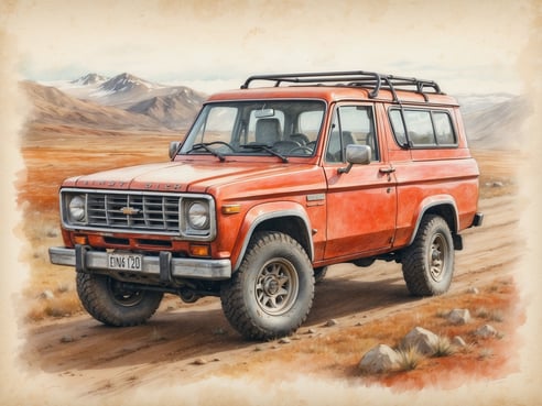 Ein robuster, orangefarbener Geländewagen steht auf einer unbefestigten Straße in einer kargen, bergigen Landschaft. Der Wagen hat breite Reifen, die für Offroad-Fahrten geeignet sind, und eine Dachträger. Im Hintergrund sind sanfte Hügel und schneebedeckte Berge zu sehen. Die Farben des Bildes sind warm und erdtonig, was die raue Schönheit der Umgebung unterstreicht. Dieses Fahrzeug eignet sich gut für Abenteuerreisen in Island.