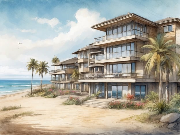 Auf dem Bild ist eine malerische Darstellung von Strandhäusern oder einem Hotel zu sehen, das in einem modernen Stil gebaut ist. Die Gebäude haben große Fenster und Balkone, die einen Blick auf das Meer bieten. Umgeben sind sie von Palmen und bunten Pflanzen, was die tropische Atmosphäre unterstreicht.Das allsun Hotel Lago Playa Park bietet von seiner Lage in der Nähe des Strandes eine entspannende Umgebung mit einer Vielzahl an Annehmlichkeiten für Gäste. Es bietet sowohl Unterkünfte als auch Freizeitmöglichkeiten, sodass Besucher einen angenehmen Aufenthalt genießen können.