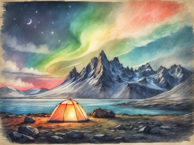 Ein orangefarbenes Zelt steht an einem ruhigen Gewässer, umgeben von großen Felsen. Im Hintergrund erheben sich majestätische Berge unter einem sternklaren Himmel. Die Aurora Borealis färbt den Himmel in beeindruckenden Grüntönen und sanften Pastellfarben, während ein zarter Mond zu sehen ist. Diese Szenerie vermittelt ein Gefühl von Abenteuer und Naturverbundenheit, ideal für einen Island-Urlaub.