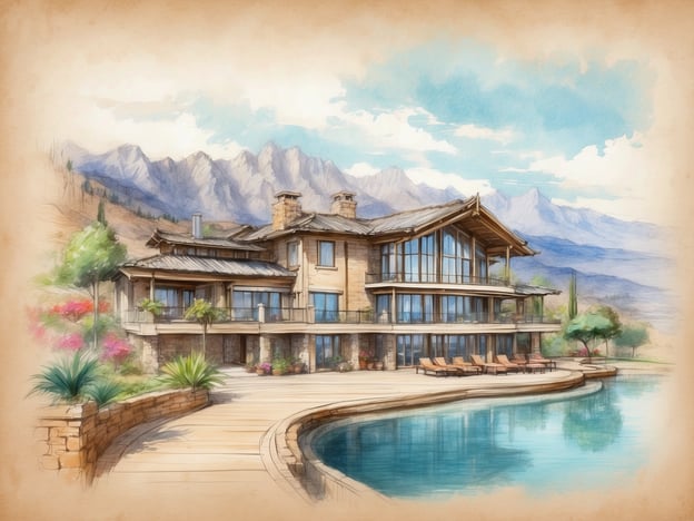 Auf dem Bild ist eine stilisierte Darstellung eines luxuriösen Hotels oder einer Villa zu sehen. Die Architektur ist modern und elegant, mit großen Fenstern, die einen schönen Blick auf die umliegende Natur ermöglichen.Um das Gebäude herum gibt es eine Terrasse, die an einen Pool angrenzt. Die Umgebung ist von Bergen und einer malerischen Landschaft geprägt, was dem Ort eine ruhige und entspannende Atmosphäre verleiht. Grünpflanzen und blühende Sträucher tragen zur Idylle bei, während die Holzveranda einladend wirkt. Insgesamt vermittelt das Bild ein Gefühl von Luxus und Naturverbundenheit.