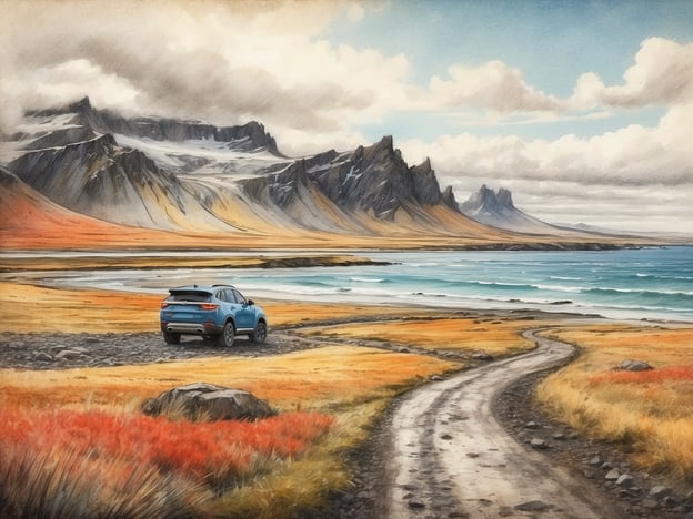 Eine atemberaubende Landschaft in Island mit dramatischen Bergen und einem schmalen Weg, der zu einem Küstenbereich führt. In der Mitte des Bildes steht ein blauer SUV, der auf einem unbefestigten Weg geparkt ist. Die umgebende Wiese ist mit orangefarbenem und grünem Gras bewachsen, während der Ozean sanft gegen die Küste brandet. Der Himmel ist bewölkt, was der Szene eine mystische Stimmung verleiht. Wie teuer ist ein Urlaub in Island?