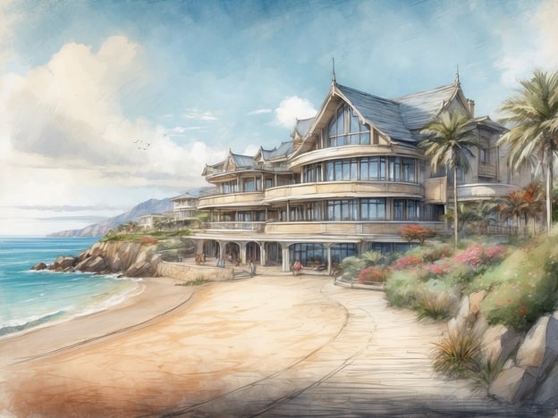 Auf dem Bild ist ein malerisches Hotel am Strand zu sehen, das eine moderne Architektur mit großen Fenstern und einem einladenden Eingangsbereich aufweist. Es befindet sich in einer idyllischen Küstenlandschaft mit Palmen und blühenden Pflanzen, die das Bild umrahmen. Der Strand ist sandig und das Wasser ist klar, was eine entspannte Urlaubsatmosphäre vermittelt.Das allsun Hotel Marena Beach liegt in einer ähnlichen Umgebung, direkt am Meer, und bietet einen atemberaubenden Blick auf die Küste, was ideale Bedingungen für einen erholsamen Aufenthalt schafft.