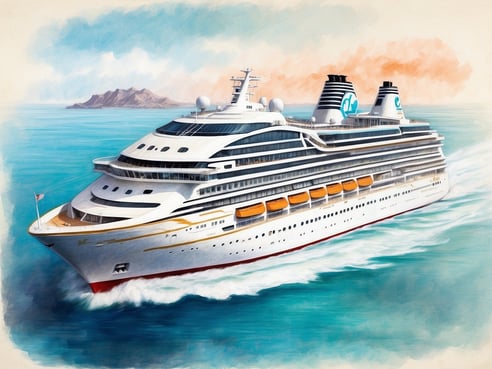 Ein luxuriöses Kreuzfahrtschiff fährt durch das klare, blaue Wasser, umgeben von sanften Wellen. Auf dem Schiff sind mehrere Decks und große Fenster sichtbar, während die elegante Außenfarbe in Weiß und goldenen Akzenten leuchtet. Im Hintergrund sind grüne Hügel und eine kleine Insel zu sehen, die einen malerischen Ausblick bieten.