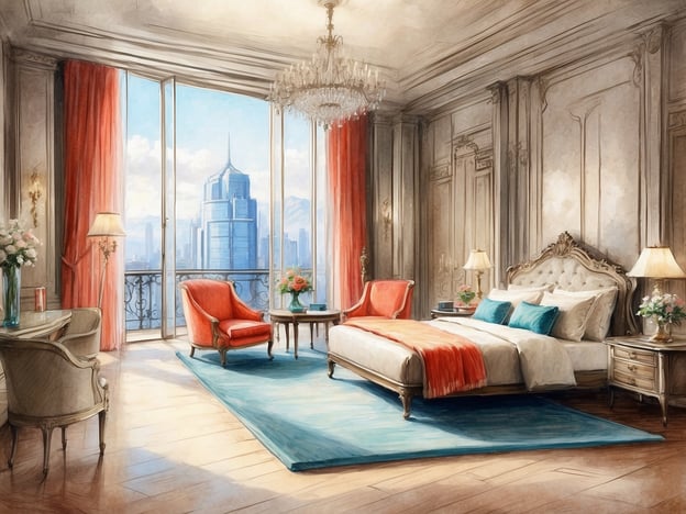 Auf dem Bild ist ein elegantes Hotelzimmer zu sehen. Es ist hell und großzügig gestaltet, mit großen Fenstern, die einen Blick auf eine moderne Stadtlandschaft bieten. Die Einrichtung umfasst ein großes, bequemes Bett mit dekorativen Kissen, einen schicken Teppich in Blau, sowie zwei rote Sessel und einen kleinen Tisch.Zusätzlich gibt es einen Schreibtisch mit einem Stuhl, eine Lampe und Blumenarrangements, die dem Raum eine freundliche Atmosphäre verleihen. Der Raum hat auch eine luxuriöse Beleuchtung, die durch einen Kronleuchter ergänzt wird. Insgesamt strahlt das Zimmer eine Atmosphäre von Komfort und Eleganz aus.