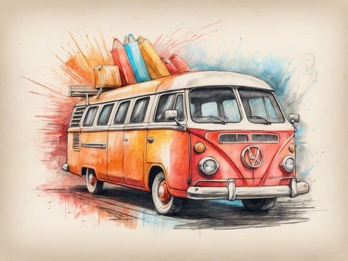 Ein oranger VW Bus steht vor einem bunten, aquarellartigen Hintergrund. Auf dem Dach sind mehrere farbige Koffer gestapelt, die eine sommerliche Reisestimmung vermitteln. Der Bus hat große, runde Scheinwerfer und eine markante Front. Die kunstvolle Darstellung vermittelt ein Gefühl von Abenteuer und Reisen.
