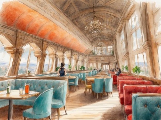 Auf dem Bild ist ein elegantes Restaurant oder Café mit einem lichtdurchfluteten und stilvollen Interieur zu sehen. Die hohen Decken und großen Fenster sorgen für eine helle Atmosphäre, während die geschmackvolle Einrichtung mit türkisfarbenen und roten Polstermöbeln eine gemütliche und ansprechende Umgebung schafft.Basierend auf Erfahrungen und Bewertungen von Gästen könnte man sagen:- **Ambiente**: Viele Gäste loben das ansprechende Design und die elegante Atmosphäre, die zum Verweilen einlädt.- **Service**: Häufig wird der freundliche und aufmerksame Service hervorgehoben, der den Besuch zu einem besonderen Erlebnis macht.- **Aussicht**: Einige Gäste genießen die Aussicht auf die Umgebung, da das Restaurant anscheinend in einer erhöhten Lage ist.- **Essen und Trinken**: Bewertungen betonen oft die Qualität der Speisen und Getränke, die als köstlich und kreativ beschrieben werden.Insgesamt wird das Bild durch eine harmonische Kombination von Stil, Komfort und exzellentem Service geprägt, was es zu einem beliebten Ort für entspannte Mahlzeiten und gesellige Treffen macht.