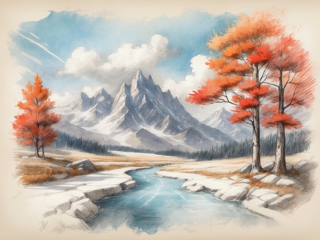 Eine malerische Landschaft mit hohen, schneebedeckten Bergen im Hintergrund, die von einem klaren blauen Himmel umrahmt wird. Im Vordergrund fließt ein ruhiger Fluss, umgeben von einer sanften Uferlandschaft. An beiden Seiten des Flusses stehen kräftige Bäume mit leuchtend roten Blättern, die den herbstlichen Charakter der Szene betonen. Die Lichtverhältnisse verleihen der Darstellung eine warme und einladende Atmosphäre, ideal für Naturliebhaber und Reisende.