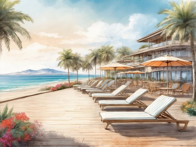 Auf dem Bild ist eine entspannte Strandlandschaft zu sehen, die eine Terrasse mit Liegestühlen und Sonnenschirmen zeigt, umgeben von Palmen und bunten Blumen. Im Hintergrund sieht man das Meer und möglicherweise eine Berglandschaft.Das Allsun Hotel Orquidea Playa bietet eine traumhafte Lage direkt am Strand, wo Gäste die Sonne und die wunderschöne Aussicht genießen können. Die Anlage bietet zahlreiche Annehmlichkeiten, darunter einen Poolbereich, Restaurants und Aktivitäten am Strand, um einen perfekten Urlaub zum Entspannen und Erholen zu gewährleisten.
