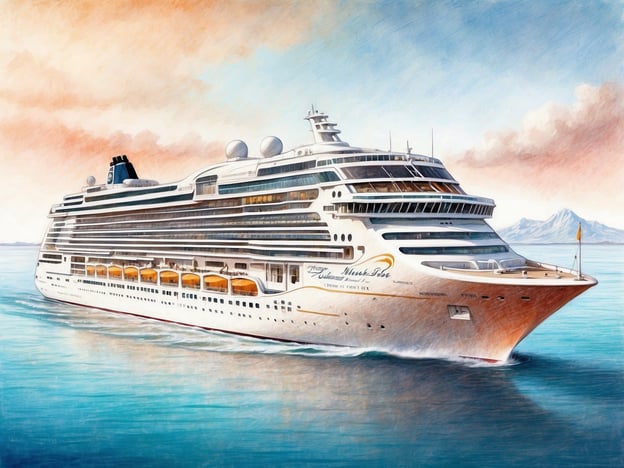 Ein großes Kreuzfahrtschiff fährt durch ruhige Gewässer, umgeben von einem pastellfarbenen Himmel mit sanften Farben von Blau und Orange. Die elegante Architektur des Schiffes ist gut erkennbar, mit großen Fenstern und mehreren Decks. Im Hintergrund sind verschwommene Bergkuppen sichtbar, die dem Bild eine majestätische Atmosphäre verleihen. Ein ideales Motiv, um die Schönheit von Kreuzfahrten darzustellen.