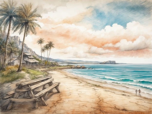 Auf dem Bild ist eine schöne Strandlandschaft zu sehen. Es zeigt einen ruhigen Strand mit sanften Wellen, umgeben von Palmen und einer malerischen Kulisse. In der Ferne sind Berge zu erkennen. Es gibt eine Bank aus Holz, die sich ideal für Entspannung und gesellige Treffen eignet.Freizeit- und Unterhaltungsmöglichkeiten könnten hier ein erholsames Sonnenbad, Spaziergänge am Strand oder Küstenwanderungen sein. Man könnte auch Wassersportarten wie Schwimmen oder Surfen in Betracht ziehen. Das ist ein perfekter Ort, um die Natur zu genießen und die Seele baumeln zu lassen.