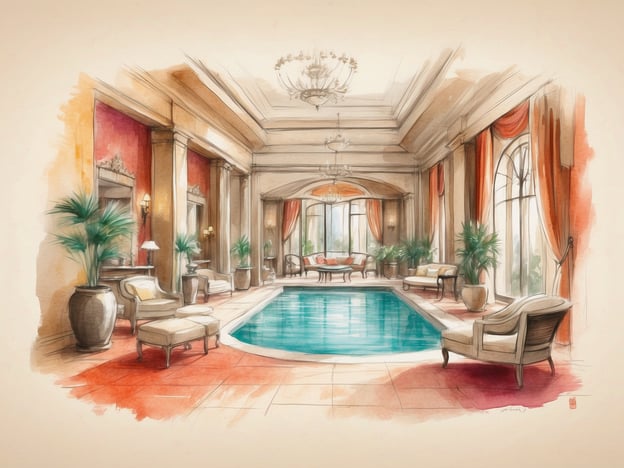 Auf dem Bild ist ein eleganter Hotelbereich mit einem Schwimmbecken zu sehen. Der Raum wirkt sehr einladend und luxuriös, mit großen Fenstern, die viel Tageslicht hereinlassen. Um das Schwimmbecken herum gibt es bequeme Stühle und Sofas, die zum Entspannen einladen.Die Dekoration umfasst Pflanzen, und die Wände sind in warmen Farbtönen gehalten, was eine angenehme Atmosphäre schafft. Dieser Bereich könnte ideal für Gäste sein, die sich entspannen, schwimmen oder einfach die Ruhe genießen möchten. Annehmlichkeiten wie ein Pool oder gemütliche Sitzmöglichkeiten machen den Aufenthalt im Hotel besonders angenehm.