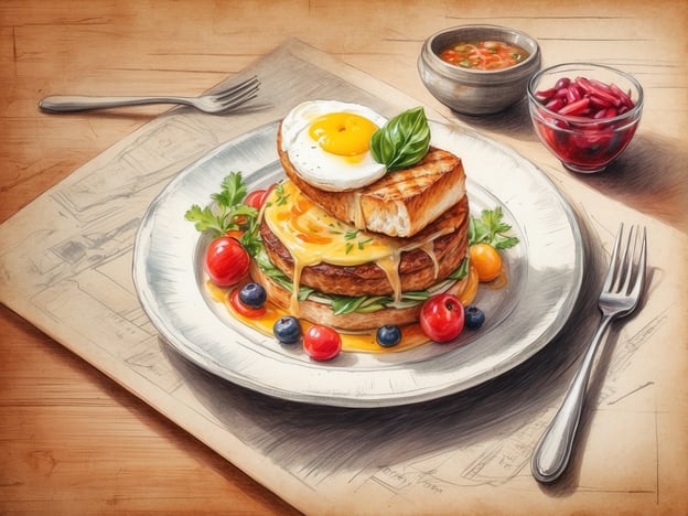 Auf dem Bild ist ein ansprechend angerichteter Teller mit einem köstlichen Frühstück zu sehen. Die Hauptkomponenten sind ein Gordician Burger, zwei Scheiben Grillkäse und ein Spiegelei, das perfekt gekocht ist. Umgeben ist das Gericht von frischen Zutaten wie Kirschtomaten und Blaubeeren, die für eine ansprechende Präsentation sorgen. Zusätzlich sind ein kleiner Schalen mit Salsa und eine Tasse Rote-Bohnen-Salat zu sehen.Im allsun Hotel könnte dieses Gericht Teil eines vielseitigen kulinarischen Angebots sein, das regionale und internationale Köstlichkeiten vereint, um den Gästen ein unvergessliches Geschmackserlebnis zu bieten.