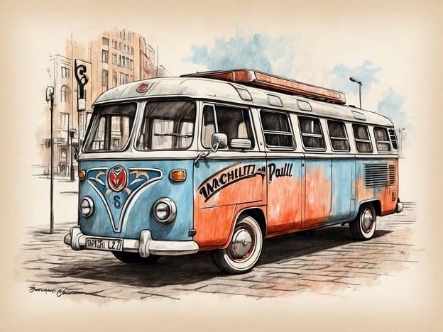 Ein bunter VW-Bus steht auf der Hamburger Reeperbahn. Der Bus hat eine blau-orange Lackierung und trägt die Aufschrift "Tachlitz Paull" auf der Seite. Im Hintergrund sind mehrstöckige Gebäude und Straßenlaternen zu sehen, die das städtische Ambiente der Reeperbahn unterstreichen. Die Szene ist im skizzierten Stil gehalten und verleiht dem Bild einen nostalgischen Charakter.