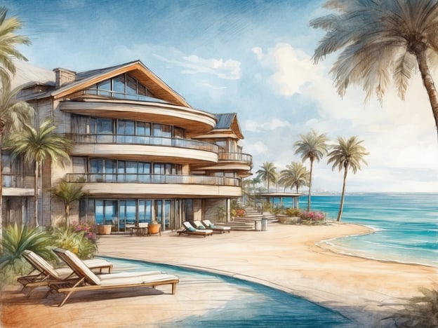Auf dem Bild ist eine schöne buchtartige Landschaft zu sehen, die ein elegantes Gebäude am Strand zeigt. Es scheint sich um ein Hotel oder Resort zu handeln, das von Palmen umgeben ist. Die Architektur des Gebäudes ist modern und großzügig, mit großen Fenstern, die den Blick auf das Meer ermöglichen. Der Außenbereich wirkt einladend, vor allem durch die Liegen am Pool und die blühenden Pflanzen.Das allsun Hotel Pil-Lari Playa ist ein idealer Ort für einen entspannten Urlaub, da es direkten Zugang zum Strand bietet und gut ausgestattet ist, um den Gästen Komfort und Erholung zu gewährleisten. Die Lage ist perfekt für Sonnenanbeter und Wassersportenthusiasten.
