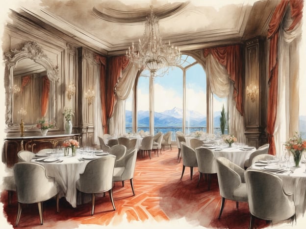 Auf dem Bild ist ein eleganter Speisesaal eines Hotels zu sehen. Der Raum ist mit stilvollen Tischdecken und Dekorationen ausgestattet, die für ein feines Dining-Erlebnis sorgen. Die großen Fenster bieten einen atemberaubenden Blick auf die Berge, was das Ambiente des Restaurants zusätzlich aufwertet.Serviceangebote in einem solchen Hotel könnten unter anderem erstklassige kulinarische Erlebnisse, eine breite Auswahl an Weinen, persönlichen Service des Personals sowie die Möglichkeit von Frühstücksbuffets oder Abendessen mit regionalen Spezialitäten umfassen. Zudem könnten spezielle Anlässe wie Hochzeiten oder Feiern organisiert werden, um das Erlebnis für die Gäste zu bereichern.