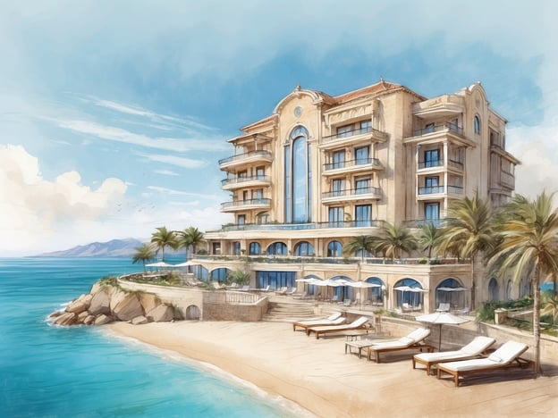 Auf dem Bild ist ein künstlerisches Rendering eines eleganten Hotels zu sehen, das direkt am Meer liegt. Es zeigt einen großzügigen, modernen Bau mit großen Fenstern und Balkonen, umgeben von Palmen und einem Strandbereich mit Liegen und Sonnenschirmen. Die Kulisse vermittelt eine entspannte, luxuriöse Atmosphäre, ideal für einen Urlaub am Meer.Das Allsun Hotel Riviera Playa ist ein malerisches Hotel auf Mallorca, das Gästen eine beeindruckende Nähe zum Wasser, stilvolle Unterkünfte und verschiedene Annehmlichkeiten bietet. Es ist ideal für Erholungssuchende, die einen Blick auf das Meer und direkten Zugang zum Strand genießen möchten. Das Hotel bietet auch zahlreiche Freizeitaktivitäten und kulinarische Angebote, die den Aufenthalt unvergesslich machen.
