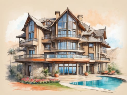 Das Bild zeigt ein luxuriöses mehrstöckiges Haus mit einer modernen Architektur. Große Fenster lassen viel Licht herein und bieten einen Panoramablick auf die Umgebung. Vor dem Haus befindet sich ein eleganter Pool mit geschwungenen Kanten, umgeben von einem gepflegten Garten mit Blumen und Palmen. Die Fassade besteht aus Holz und Stein, was der Struktur einen hochwertigen und einladenden Charakter verleiht. Der Hintergrund zeigt sanfte Hügel, die die idyllische Lage des Hauses unterstreichen.