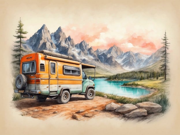 Auf dem Bild ist ein orangefarbener Campingbus zu sehen, der an einem malerischen See inmitten einer beeindruckenden Berglandschaft parkt. Diese Szenerie bietet zahlreiche Freizeitangebote und Aktivitäten:1. **Wandern**: Die umliegenden Berge laden zu ausgedehnten Wanderungen ein.2. **Camping**: Der Campingbus ermöglicht es, die Natur hautnah zu erleben und zu campen.3. **Angeln**: Der ruhige See bietet sich hervorragend zum Angeln an.4. **Fotografie**: Die atemberaubende Landschaft ist ideal für Naturfotografie.5. **Entspannung**: Man kann am Seeufer entspannen und die Ruhe der Natur genießen.Diese Aktivitäten machen den Ort zu einem perfekten Ziel für Naturliebhaber und Abenteurer.