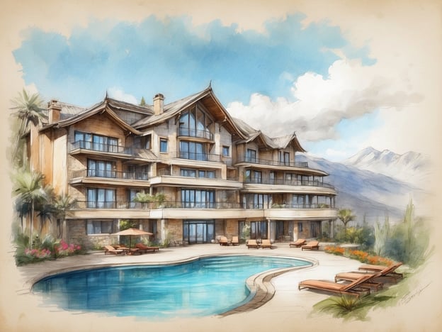 Auf dem Bild ist ein malerisches Hotel zu sehen, das harmonisch in eine naturnahe Umgebung eingebettet ist. Die Architektur des Gebäudes kombiniert moderne Designelemente mit traditionellen, alpinen Einflüssen. Große Fenster sorgen für viel Licht und einen spektakulären Blick auf die umliegenden Berge.Im Vordergrund befindet sich ein einladender Poolbereich, umgeben von komfortablen Liegen und schattenspendenden Palmen. Die gepflegte Gartenlandschaft mit bunten Blumen verleiht dem Hotel einen besonders einladenden Charme. Ideal für Erholungssuchende und Naturliebhaber bietet dieses Hotel sowohl Entspannung als auch atemberaubende Ausblicke.