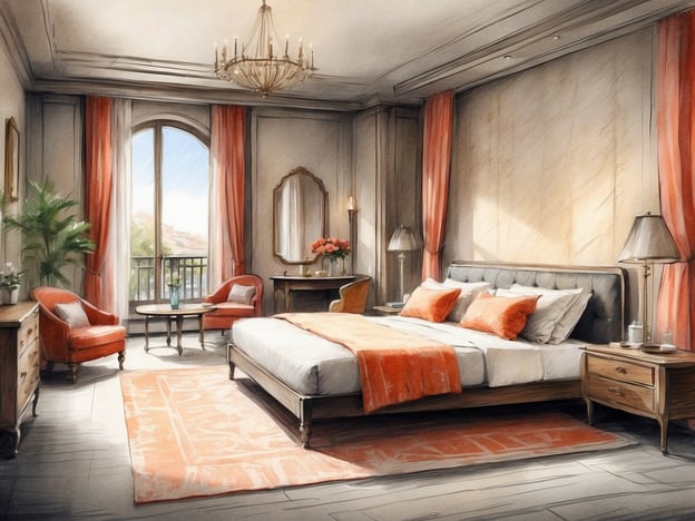 Auf dem Bild ist ein geschmackvoll eingerichtetes Schlafzimmer zu sehen. Der Raum ist hell und freundlich, mit großen Fenstern, durch die viel Tageslicht strömt. Die Wände sind in einer warmen Farbe gehalten, und die Fenster sind mit eleganten, orange-weißen Vorhängen dekoriert.Die Ausstattung umfasst ein großes Bett mit einer gepolsterten Kopfteil und mehreren Kissen in ähnlichen Farbtönen. Auf beiden Seiten des Bettes stehen Nachttische mit Lampen. Es gibt einen bequemen Sessel und ein kleines Tischchen, die im Raum platziert sind, sowie eine dekorative Pflanze in der Ecke. Ein Teppich in sanften Farben ergänzt das Gesamtbild und sorgt für Gemütlichkeit. Insgesamt vermittelt das Zimmer eine einladende und stilvolle Atmosphäre.
