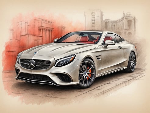 Ein elegantes, silbernes Sportcoupé von Mercedes-Benz steht prominent auf einer gepflasterten Straße. Das Auto hat eine dynamische Form mit markanter Frontpartie und einem sportlichen Kühlergrill. Die Felgen sind schwarz mit orangefarbenen Bremssätteln, was einen auffälligen Kontrast schafft. Im Hintergrund sind unscharfe Gebäude abgebildet, die eine städtische Kulisse darstellen, in sanften, warmen Tönen gehalten. Der Innenraum des Fahrzeugs ist teils sichtbar und zeigt rote Ledersitze, die luxuriös wirken.
