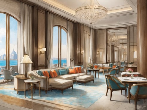 Ein eleganter Hotel-Lounge-Bereich mit großen Fenstern, die einen Blick auf das Wasser und die Stadt bieten. Die Einrichtung ist modern und stilvoll, mit bequemen Sitzgelegenheiten in sanften Farben und dekorativen Kissen in Orange und Blau. Ein großer Kronleuchter hängt von der Decke und sorgt für eine luxuriöse Atmosphäre. Es gibt Tische für Gäste, die sich entspannen oder speisen möchten. Die Wände sind geschmackvoll dekoriert und verstärken den eleganten Eindruck des Raumes.