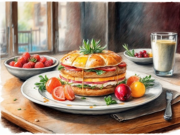 Auf dem Bild ist ein köstlich aussehender Burger zu sehen, der auf einem Teller angerichtet ist. Der Burger besteht aus mehreren Schichten, darunter frisches Gemüse wie Salat, Tomaten und gelbe Käse- oder Wurstscheiben. Darüber hinaus sieht man ein Eigelb, das leicht herausläuft.Neben dem Burger befinden sich einige frische Beeren, darunter Himbeeren und Erdbeeren, sowie mehrere kleine Früchte wie Kiwis und Orangen. Ein Glas mit einem cremigen Getränk rundet das kulinarische Angebot ab. Die gesamte Präsentation wirkt sehr appetitlich und einladend.