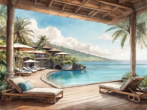 Eine sonnige Aussicht auf einen luxuriösen Poolbereich in einem tropischen Resort mit Liegestühlen und Sonnenschirmen. Die sanften Wellen des Meeres sind im Hintergrund sichtbar, umgeben von grünen Palmen und hügeligem Gelände. Die Szene strahlt eine entspannte Urlaubsatmosphäre aus und zeigt die Schönheit eines tropischen Paradieses.