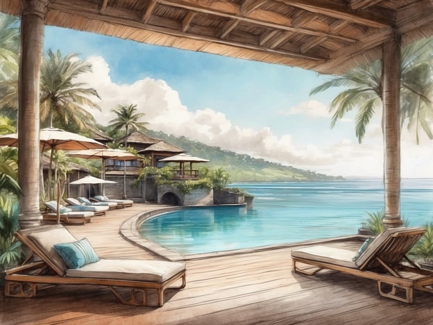 Eine sonnige Aussicht auf einen luxuriösen Poolbereich in einem tropischen Resort mit Liegestühlen und Sonnenschirmen. Die sanften Wellen des Meeres sind im Hintergrund sichtbar, umgeben von grünen Palmen und hügeligem Gelände. Die Szene strahlt eine entspannte Urlaubsatmosphäre aus und zeigt die Schönheit eines tropischen Paradieses.
