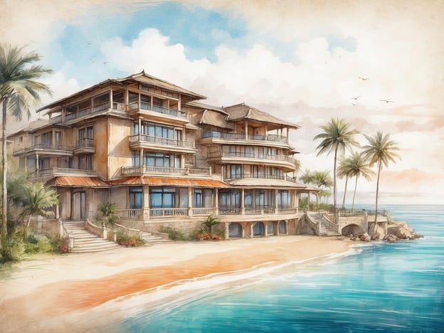 Auf dem Bild ist ein malerisches Hotel zu sehen, das an einem Strand liegt. Das Gebäude hat mehrere Stockwerke, große Fenster und einen balinesischen Stil mit holzverzierten Balkonen. Um das Hotel herum gibt es Palmen und einen schönen Ausblick auf das Wasser.Das allsun Hotel Lucana ist typischerweise ein beliebtes Reiseziel für Urlauber, die Entspannung und Komfort suchen. Es bietet eine Vielzahl von Annehmlichkeiten, darunter Pools, Restaurants und direkten Zugang zum Strand. Die Umgebung ist idyllisch, ideal für einen erholsamen Aufenthalt in der Natur. Gäste können oft Aktivitäten wie Wassersport, Wanderungen oder kulturelle Ausflüge in der Nähe genießen.
