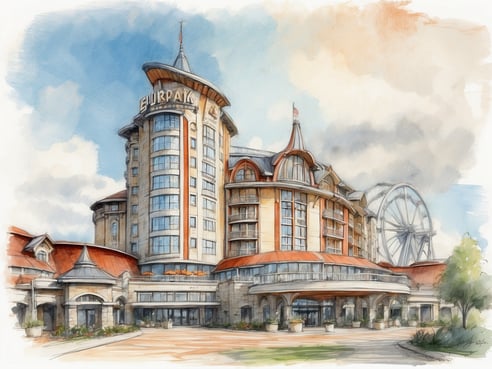 Das Bild zeigt das Hauptgebäude eines luxuriösen Hotels im Europapark, das sich durch eine moderne Architektur mit einem markanten, hohen Turm und einem geschwungenen Dach auszeichnet. Vor dem Hotel befindet sich ein Eingang mit großen Fensterfronten und einer einladenden Terrasse. Im Hintergrund ist ein Riesenrad zu sehen, das zur Freizeitgestaltung des Parks gehört. Der Himmel ist teilweise bewölkt und vermittelt eine freundliche Atmosphäre.