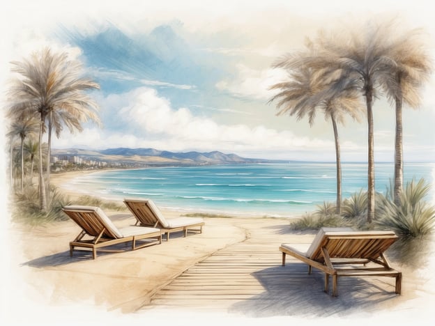 Auf dem Bild sind zwei Liegen am Strand zu sehen, umgeben von Palmen und mit Blick auf das Meer. Die Szenerie vermittelt eine entspannte und idyllische Atmosphäre.Das Allsun Hotel Barlovento ist ein beliebtes Urlaubsziel, das sich in der Nähe des Strandes befindet. Es bietet eine Vielzahl von Annehmlichkeiten, darunter Pools, Restaurants und Zugang zu Wassersportaktivitäten. Die Gäste können eine Kombination aus Erholung und Aktivitäten genießen, während sie die wunderschöne Küstenlandschaft erleben.