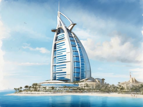 Das Bild zeigt das ikonische Burj Al Arab Hotel in Dubai, das für seine markante segelartige Architektur bekannt ist. Es erhebt sich majestätisch über dem türkisblauen Wasser des Persischen Golfs und ist umgeben von feinem Sandstrand und Palmen. Im Hintergrund sind einige Wolken am Himmel sichtbar, während die Sonne auf die Fassade des Gebäudes scheint. Die luxuriöse Atmosphäre des Hotels spiegelt sich in der eleganten Gestaltung wider, die es zu einem der bekanntesten Hotels der Welt macht.