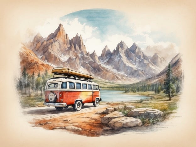 Auf dem Bild ist ein farbenfroher Campervan zu sehen, der am Rande eines malerischen Sees inmitten einer beeindruckenden Berglandschaft parkt. Solch eine Szene lädt ein zu verschiedenen Freizeitaktivitäten, wie:- **Camping**: Übernachten im Freien, um die Natur hautnah zu erleben.- **Wandern**: Erkundung der umliegenden Berge und Pfade.- **Kanu fahren**: Auf dem ruhigen Wasser des Sees paddeln.- **Fotografie**: Die wunderschöne Landschaft und Tierwelt festhalten.- **Angeln**: Ruhige Stunden am Wasser verbringen.Diese Umgebung bietet viele Möglichkeiten, die Natur zu genießen und aktiv zu sein.